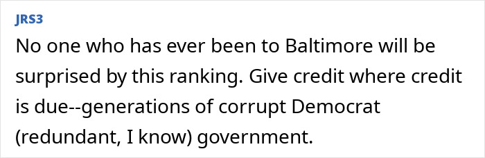 Text comment on America's dirtiest cities, mentioning Baltimore's ranking and political governance. Text comment on America's dirtiest cities, mentioning Baltimore's ranking and political governance.