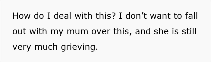 Text from a message about inheritance, showing concerns about family and grieving.