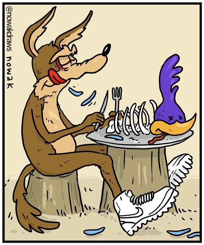 Cartoon of an animal with a peculiar sense of humor eating ribs with a purple cartoon bird head on the plate.