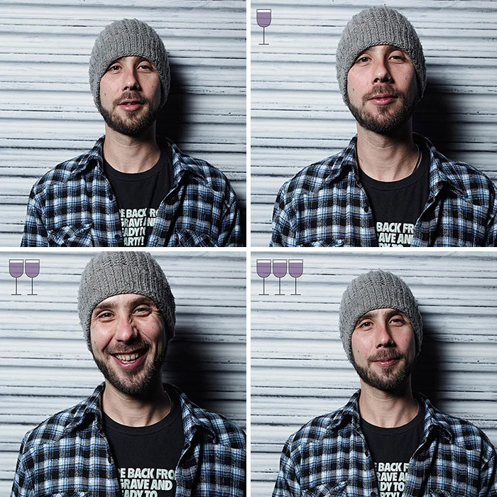 Man in a gray beanie showing before and after effects of three glasses of wine, smiling and relaxed expressions.