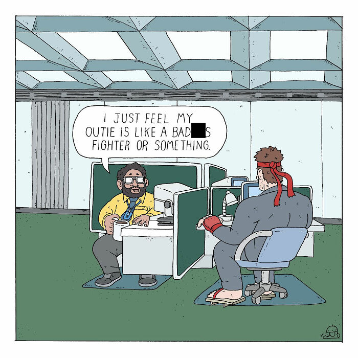 Cartoon comic scene with two men in an office discussing existential dread, featuring humorous dialogue and talking bugs.