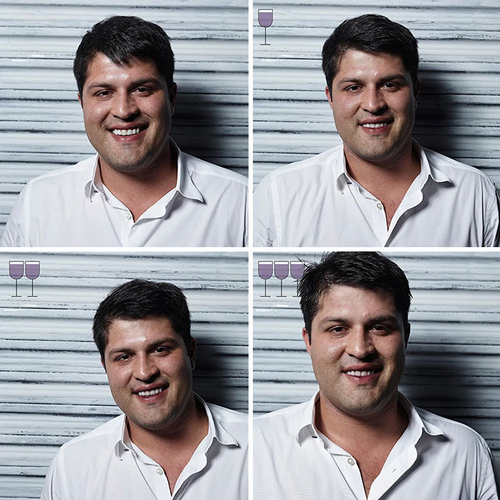 Before and after 3 glasses of wine photos showing a man’s changing facial expressions in a viral 2016 project.