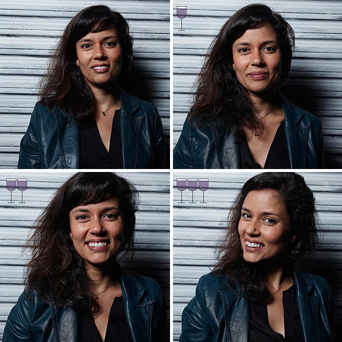 Woman in a leather jacket showing before and after effects of three glasses of wine from the viral 2016 project.