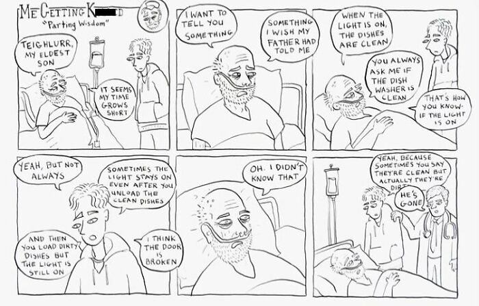 Black and white comic by Mark Brinker illustrating unexpected life moments with humor and surprising twists.