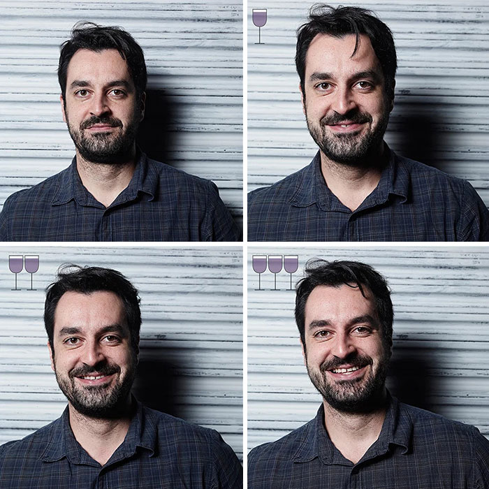 Man showing before and after effects of 3 glasses of wine, part of the viral project by Marcos Alberti in 2016.