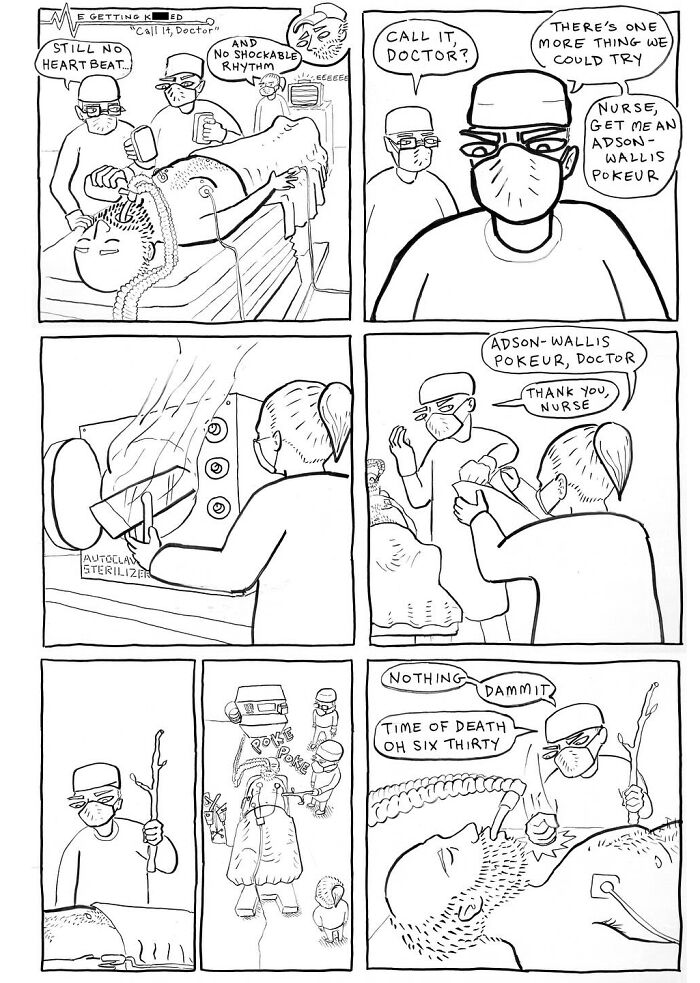 Black and white comic by Mark Brinker showing doctors attempting unusual methods in a hospital scene with unexpected outcomes.