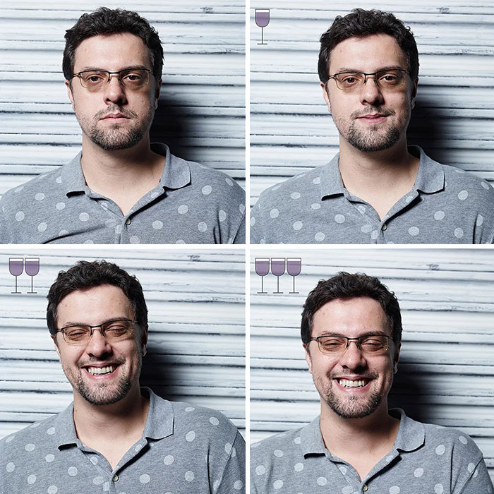 Man wearing glasses in before and after photos showing effects of three glasses of wine from viral 2016 project