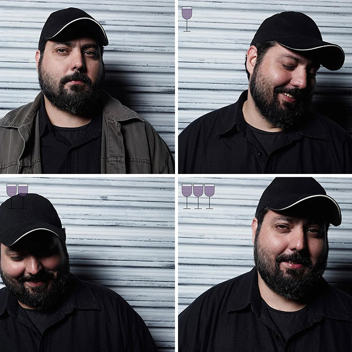 Man in black cap and shirt showing facial changes before and after 3 glasses of wine in viral 2016 photo series.