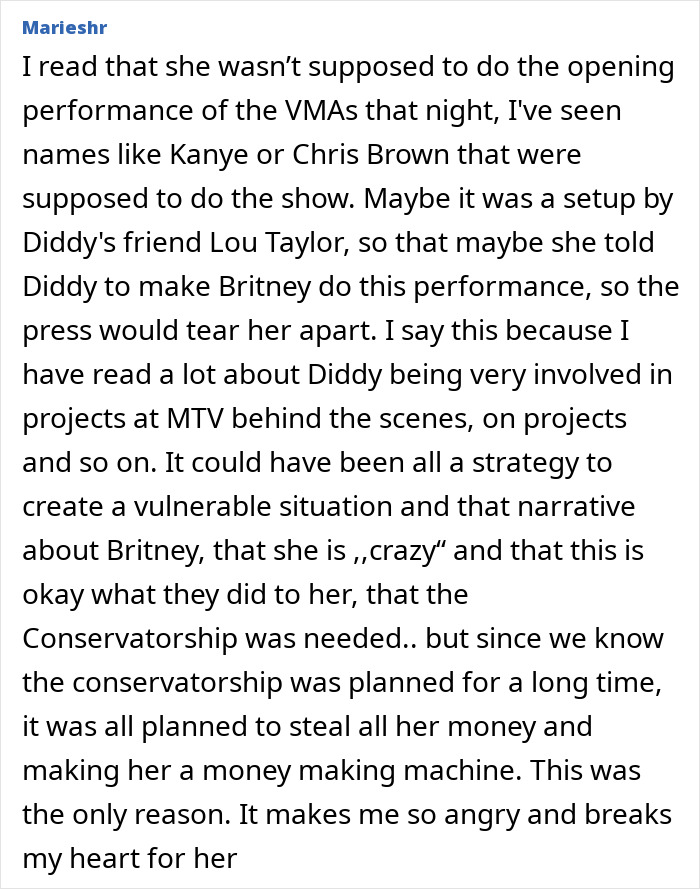 User comment discussing Britney Spears&rsquo; wild party with Diddy mentioned during a legal trial context.