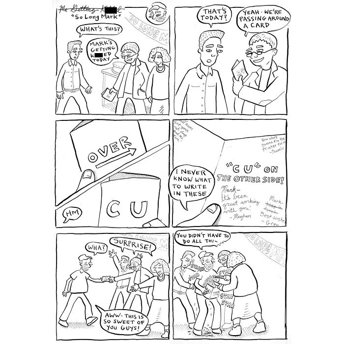 Black and white comic by Mark Brinker showing a surprising farewell card and coworkers’ reactions.