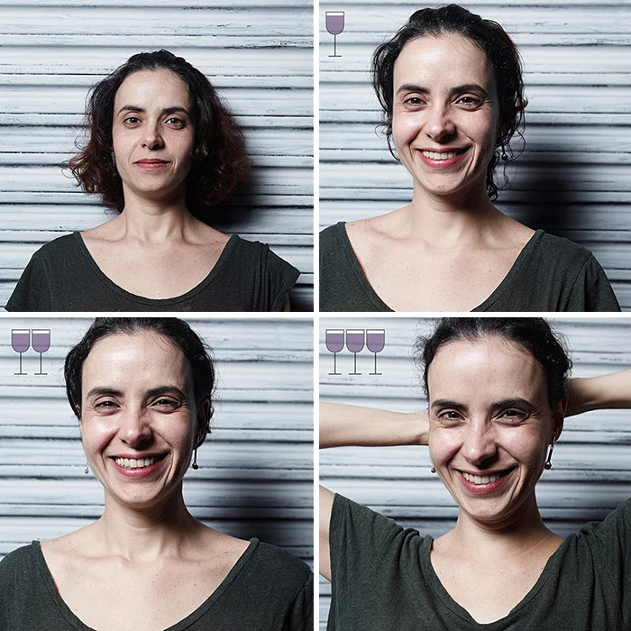 Four photos showing a woman before and after drinking three glasses of wine, smiling more with each glass in the viral project.