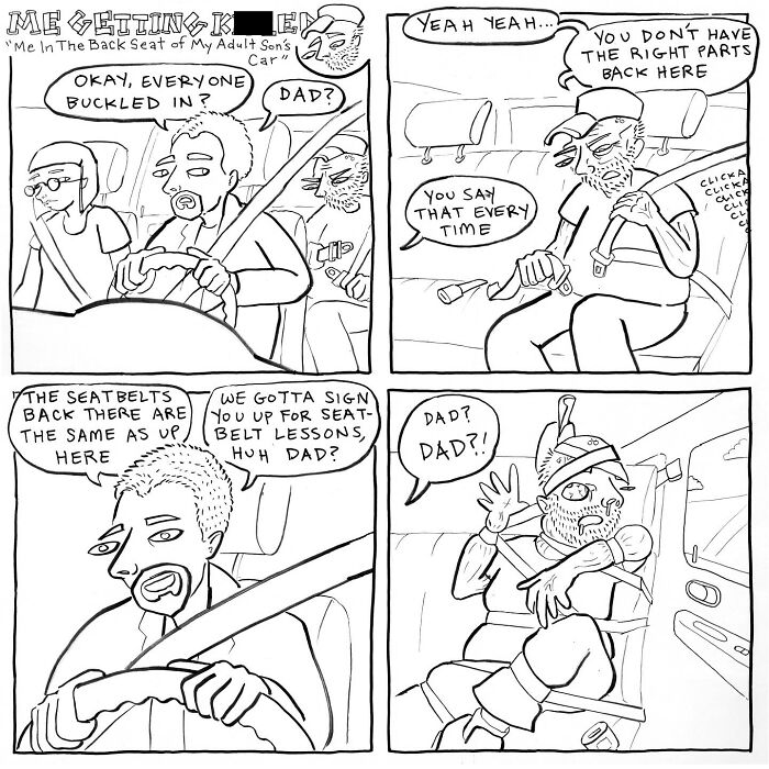 Comic by Mark Brinker illustrating life surprises with humor, featuring a family car scene about seatbelt safety confusion.
