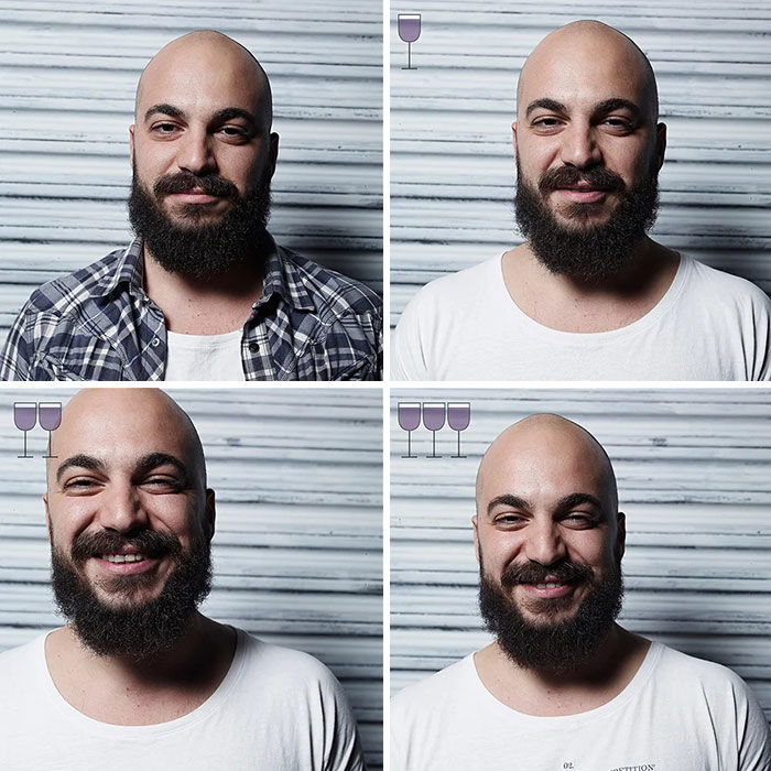 Man showing before and after effects of 3 glasses of wine in viral 2016 project by Marcos Alberti, smiling gradually.