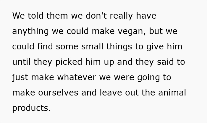 Text excerpt discussing difficulties preparing vegan food after parents forced teen son to be vegan. Text excerpt discussing difficulties preparing vegan food after parents forced teen son to be vegan.