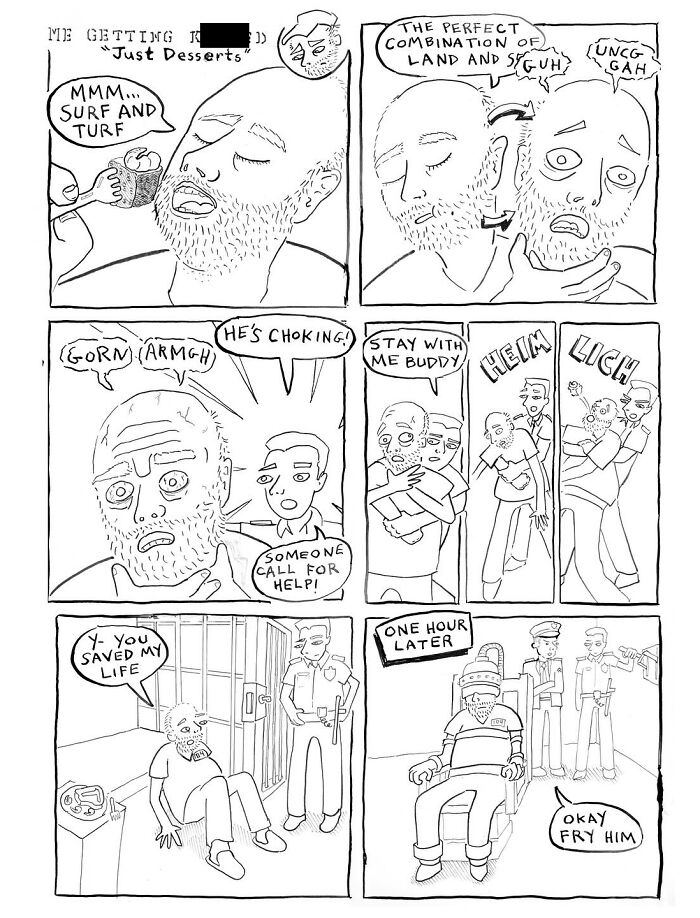 Black and white comic by Mark Brinker depicting a choking incident and surprising prison outcome in life.