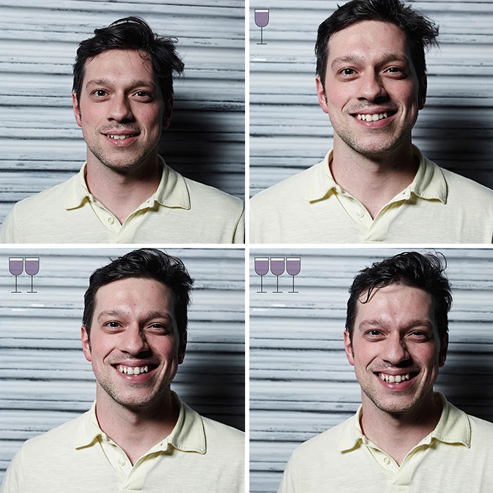 Before and after 3 glasses of wine project photos showing a man’s changing expressions and smile progression.
