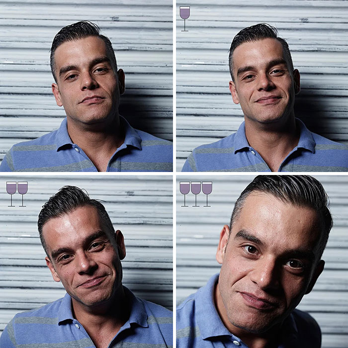 Man showing before and after effects of three glasses of wine in the viral 2016 photo project by Marcos Alberti.