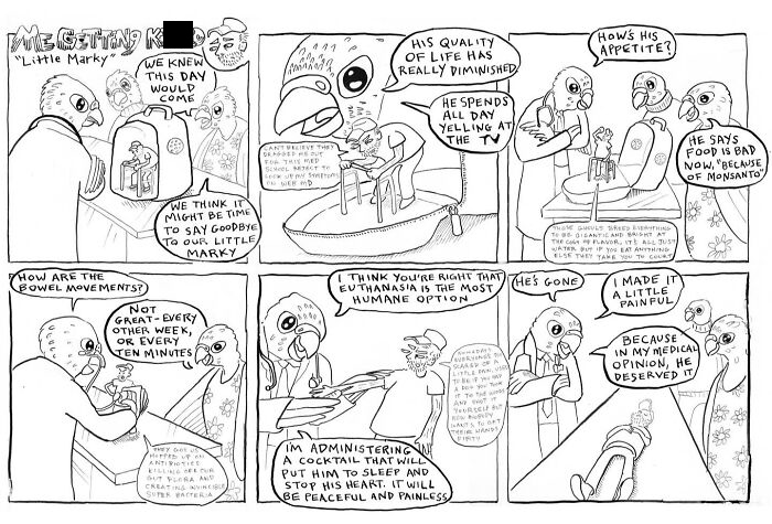 Black and white comic by Mark Brinker depicting a bird family facing unexpected life challenges and harsh realities.