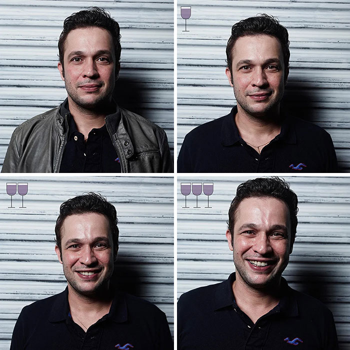 Man smiling in four photos showing before and after 3 glasses of wine, part of viral 2016 project by Marcos Alberti.