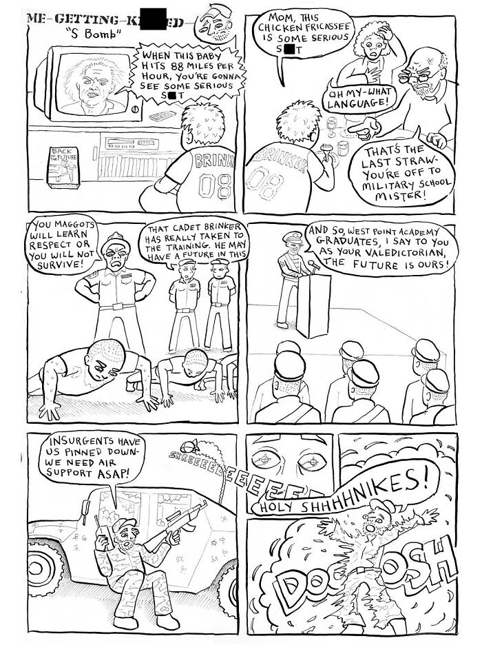 Black and white comic by Mark Brinker depicting military training and unexpected life surprises in six panels.