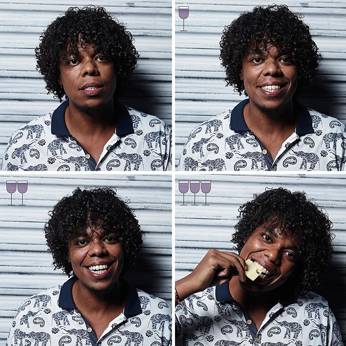 Man with curly hair showing expressions before and after 3 glasses of wine in viral photo series by Marcos Alberti.