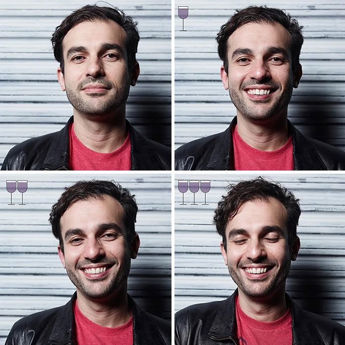 Before and after 3 glasses of wine series showing a man's facial expressions changing with each glass consumed.