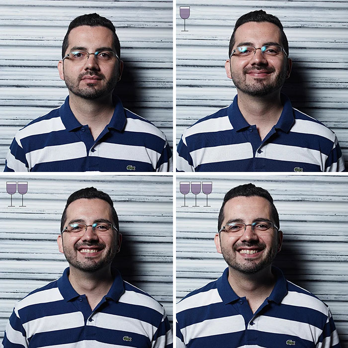 Man in striped shirt showing expressions before and after 3 glasses of wine in viral photo project by Marcos Alberti.