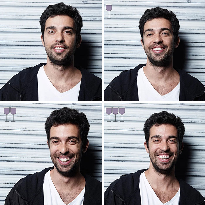 Before and after photos showing a man's changing expressions after drinking three glasses of wine in the viral project.