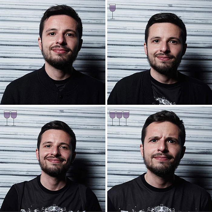 Four photos showing a man's changing facial expressions before and after three glasses of wine in the viral 2016 project.