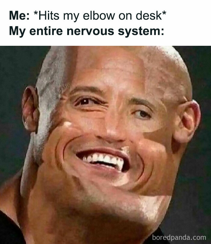 Distorted face meme humorously illustrating the human experience of sudden nerve pain after hitting the elbow.