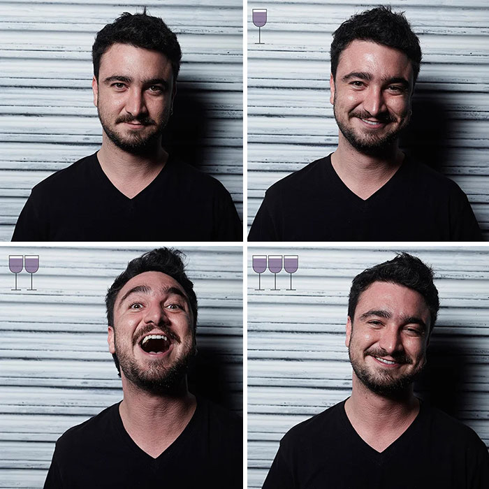 Man showing before and after effects of three glasses of wine with changing facial expressions and emotions.