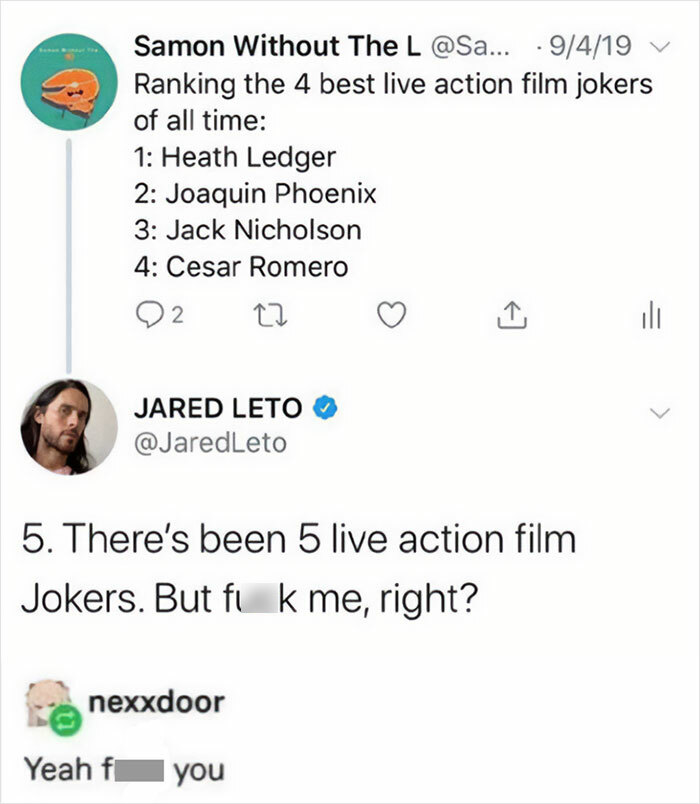 Screenshot of a humorous Twitter exchange about live action film jokers, showing people as main characters in a funny way.