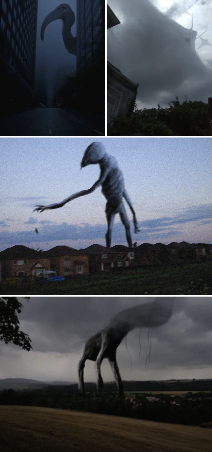 Images of scarily big creatures and figures towering over urban and rural landscapes, evoking megalophobia fears.