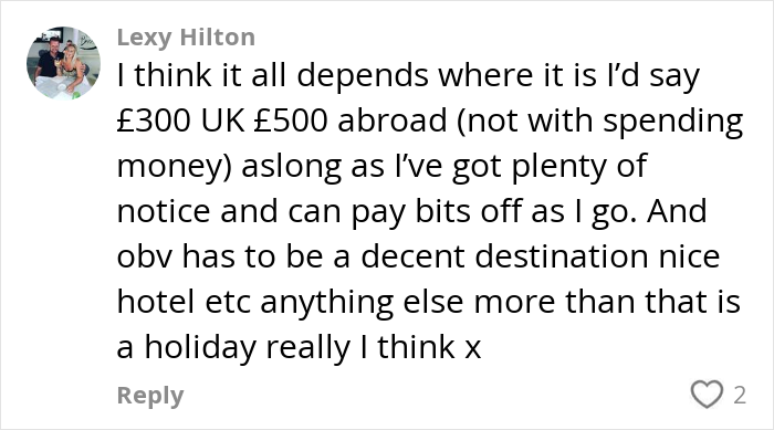A social media comment discussing costs and opinions on paying for hen parties and destination choices.
