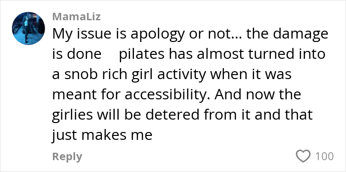 Comment discussing how Pilates is perceived as exclusive and its impact on accessibility for heavier people over 200 lbs.