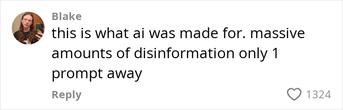 Commenter Blake discussing AI misuse concerns about realistic video creation using Google's AI model, with 1324 likes.