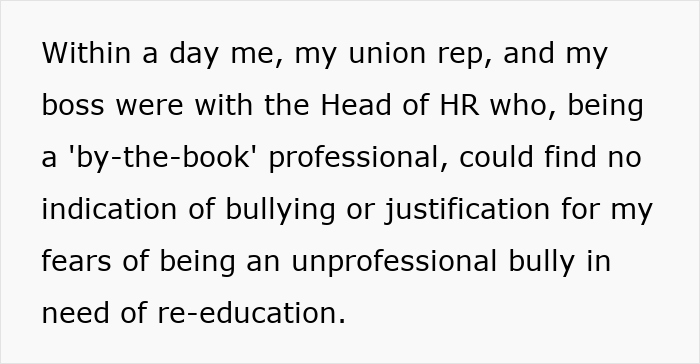 Text excerpt about HR investigation finding no bullying after boss claims employee is bullying by asking questions.