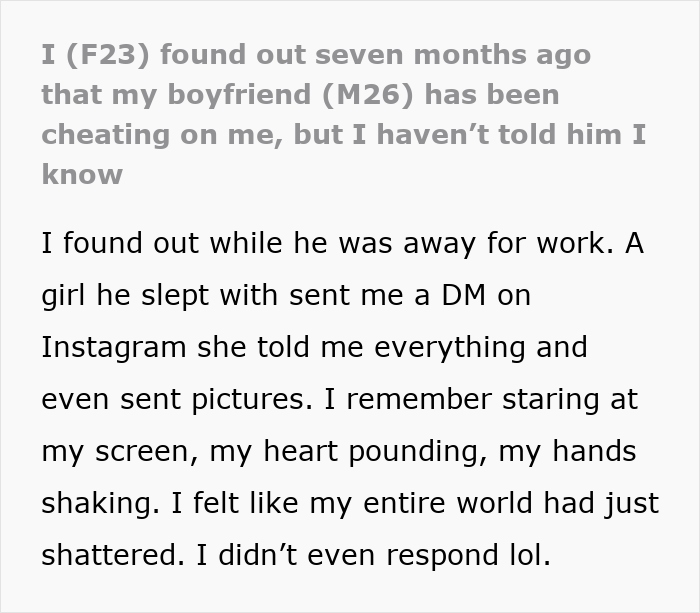 Girlfriend discovers boyfriend’s affair through Instagram message, plans silent exit over several months after painful betrayal. Girlfriend discovers boyfriend’s affair through Instagram message, plans silent exit over several months after painful betrayal.