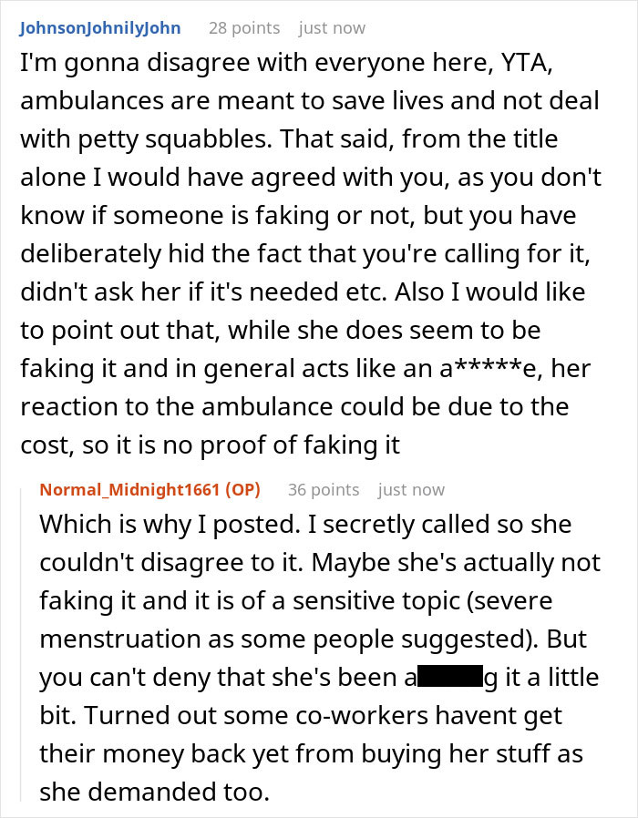 Reddit user discusses ambulance arriving at office to handle a severe case of attention seeking and possible faking symptoms.