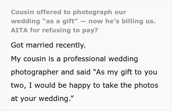 Couin offers to photograph wedding as a gift, then unexpectedly sends couple a $3,000 photography bill after the event.