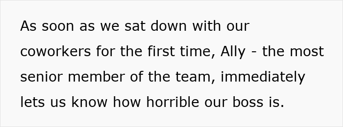 Text excerpt about a lazy employee bragging about a new boss, unaware she expects actual work from the team. Text excerpt about a lazy employee bragging about a new boss, unaware she expects actual work from the team.