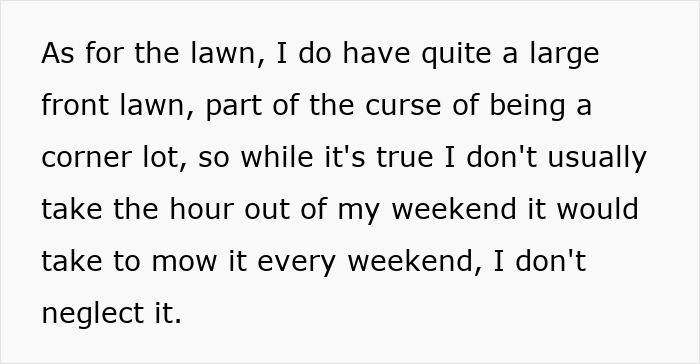 Text screenshot about a large front lawn and weekend mowing, related to Karen fakes wellness checks complaints. Text screenshot about a large front lawn and weekend mowing, related to Karen fakes wellness checks complaints.