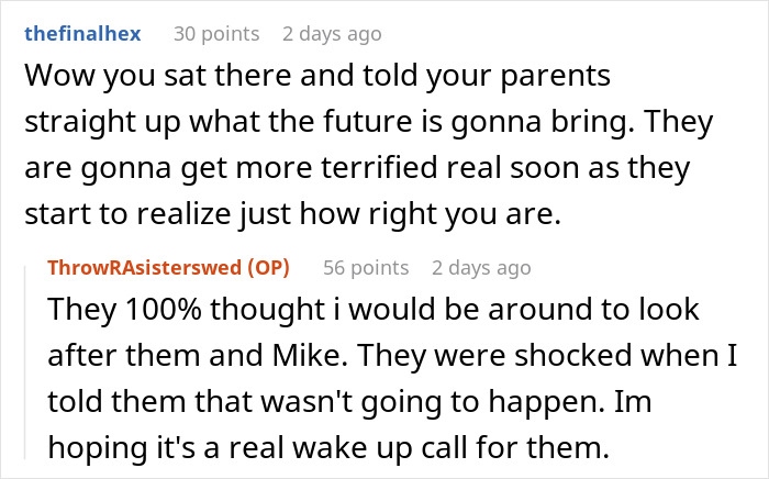 Screenshot of a Reddit conversation about a couple going ballistic after daughter refuses to invite a bully to the wedding.