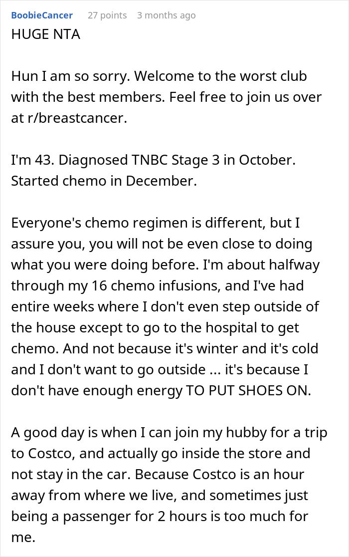 Comment text from a woman with cancer sharing her chemo experiences and challenges with energy and chores.