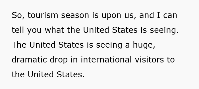 Text on screen explaining the US is seeing a dramatic drop in international visitors affecting tourism revenue.