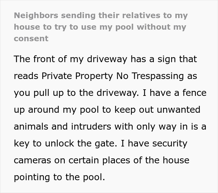 Driveway with Private Property No Trespassing sign and fenced pool secured with gate and security cameras to prevent unauthorized use.
