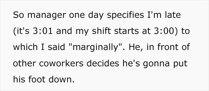 Text excerpt showing a worker explaining being late by one minute as the boss enforces a strict late rule at work.