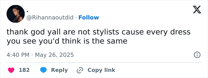 Tweet by user Rihannaoutdid disputing stylist opinions on wedding dress similarities amid Miley Cyrus fans calling out Demi Lovato.