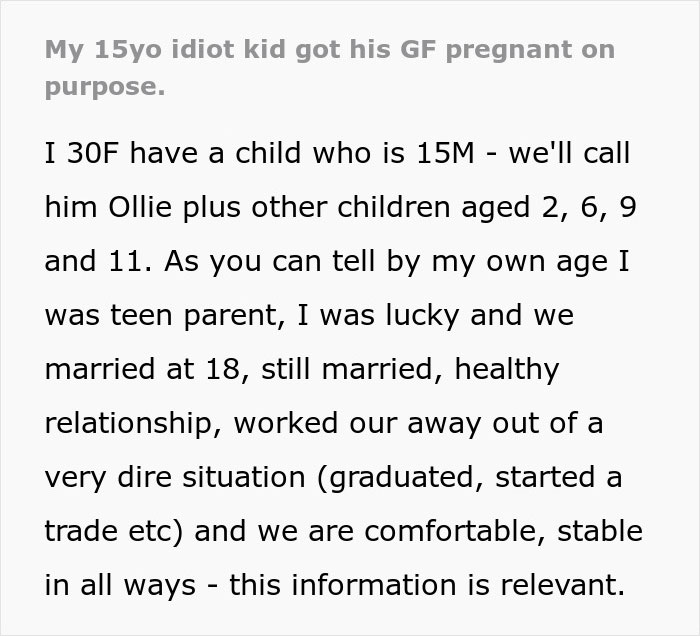 Text excerpt from a personal story about a teen son getting his girlfriend pregnant on purpose.