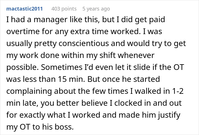 Comment about strict 1 minute late rule by boss and worker stopping overtime to follow exact work hours.